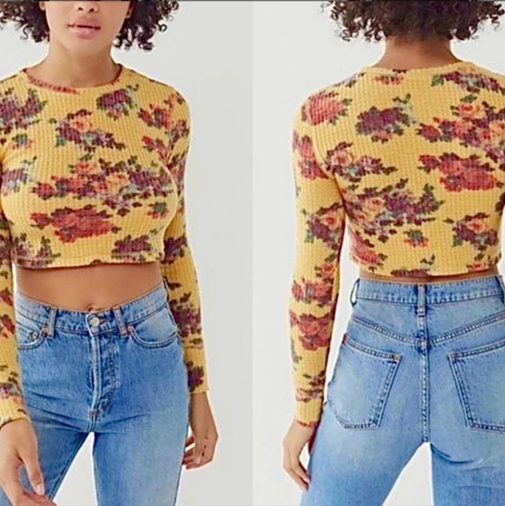 Urban outfitters yellow floral long sleeve waffle crop top XS